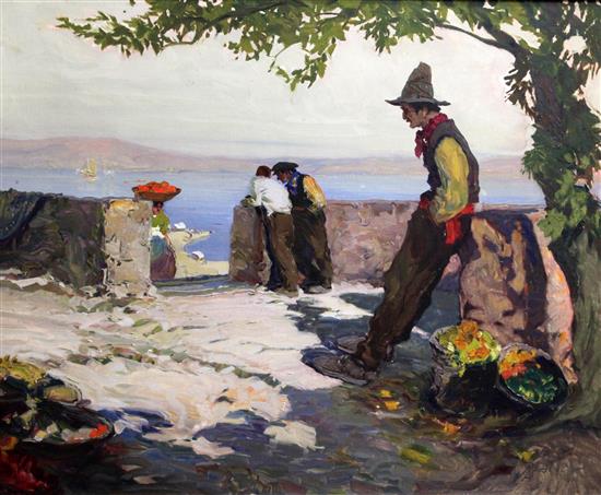 M A Lynd Neapolitan fruit pickers overlooking the coast, 22 x 27in.
